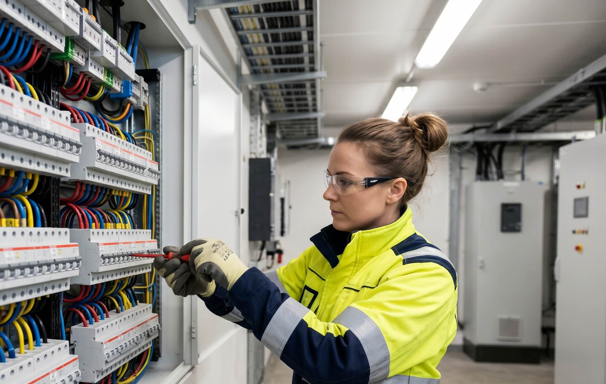 elinstallationer-kommersiella-fastigheter Elektriker som utför elinstallationer i en elcentral i en kommersiell fastighet